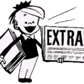 Cartoon of a 1930s style paper boy holding a sign that says "Big News"